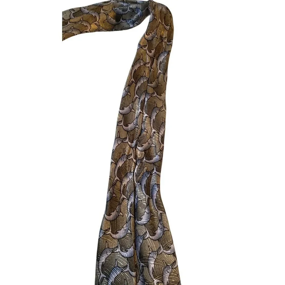 The Nature Conservancy 'Marlin'‎ Neck Tie Mens Tan Blue Dolphins 100% Silk Work